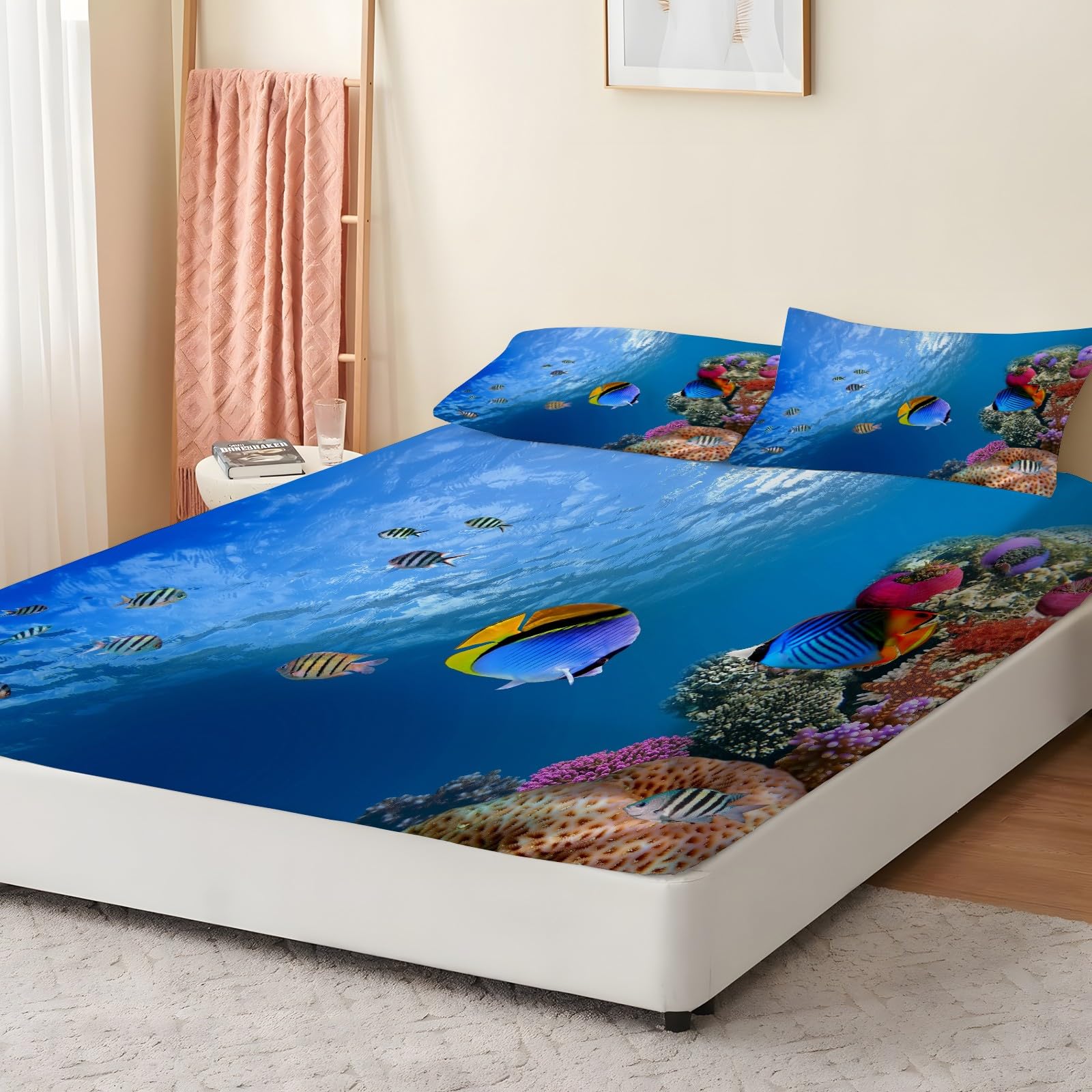 Amazon｜ボックスシーツ シングル 海の生き物 魚 ベッドカバー 100
